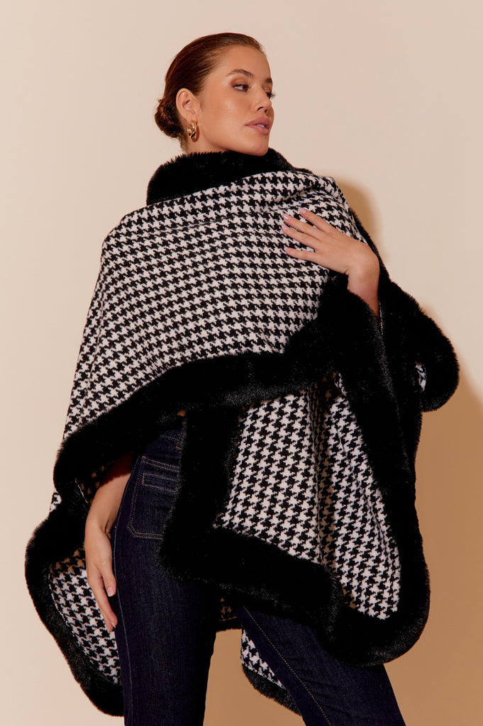 VALENTINA FAUX FUR TRIM CAPE -BLACK WHITE