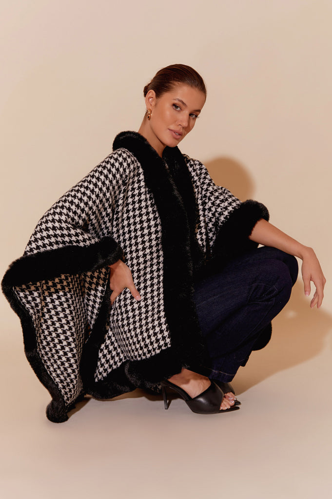VALENTINA FAUX FUR TRIM CAPE -BLACK WHITE